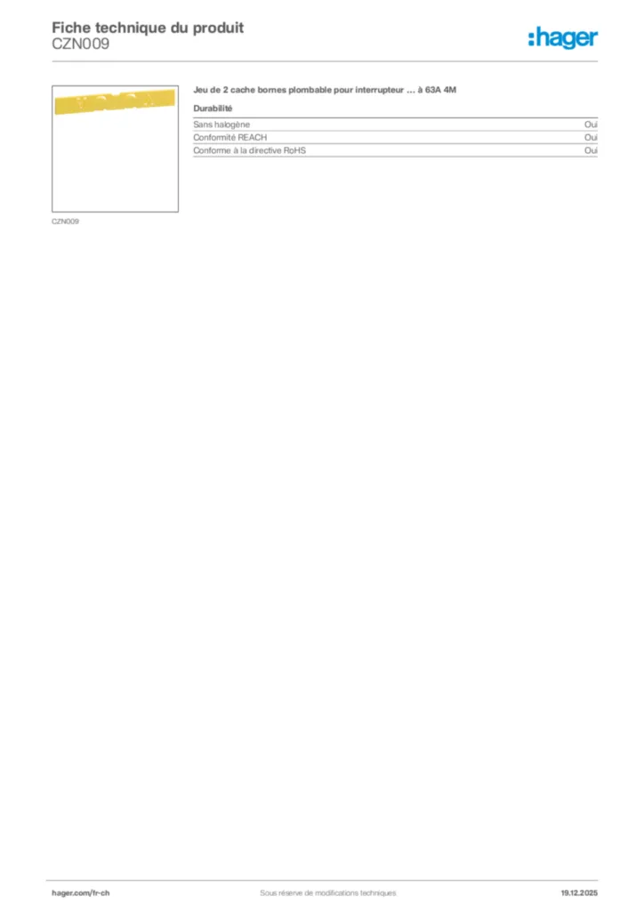 Image Hager Fiche technique du produit CZN009 | Hager Suisse