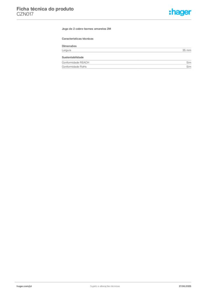 Imagem Hager Ficha técnica do produto CZN017 | Hager Portugal