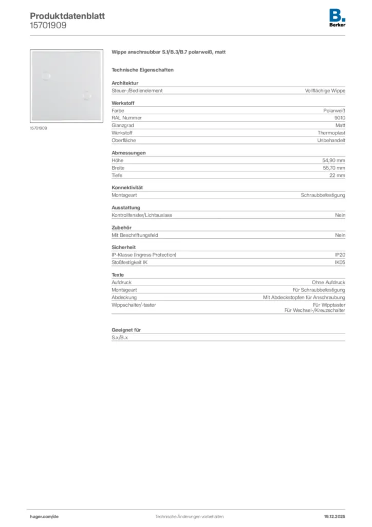 Bild Berker Produktdatenblatt 15701909 | Hager Deutschland