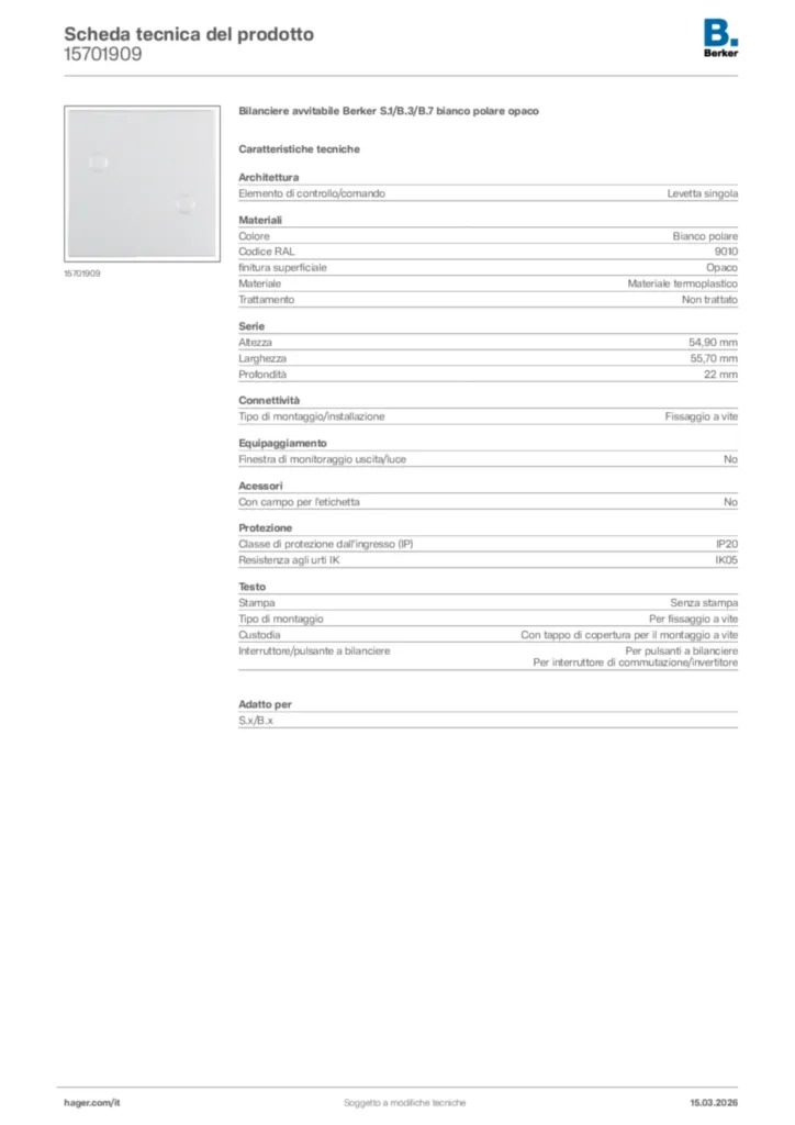 Immagine Berker Scheda tecnica del prodotto 15701909 | Hager Italia