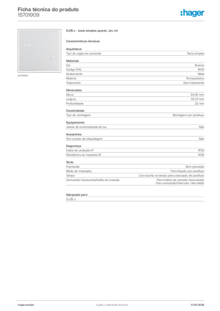 Imagem Hager Ficha técnica do produto 15701909 | Hager Portugal