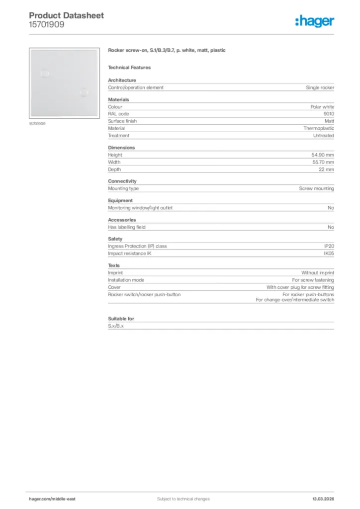 Image Hager Product data sheet 15701909  | Hager