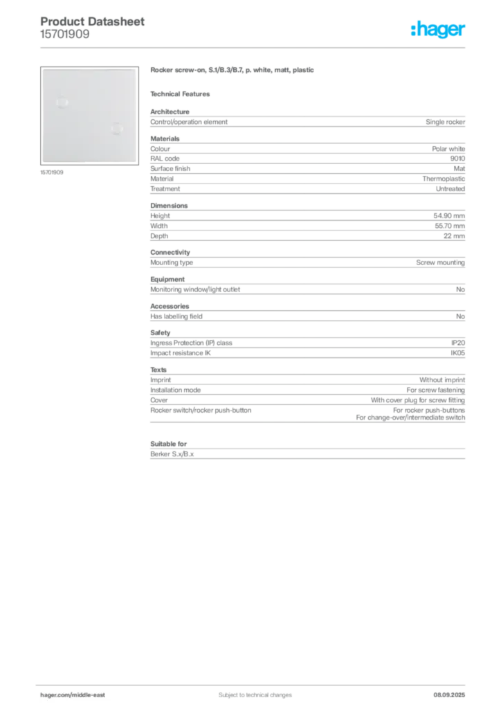 Image Hager Product data sheet 15701909  | Hager