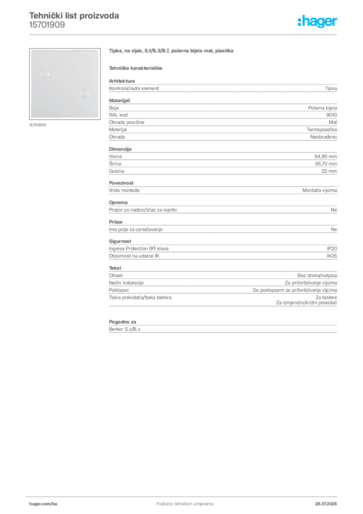 Slika Hager Product data sheet 15701909  | Hager