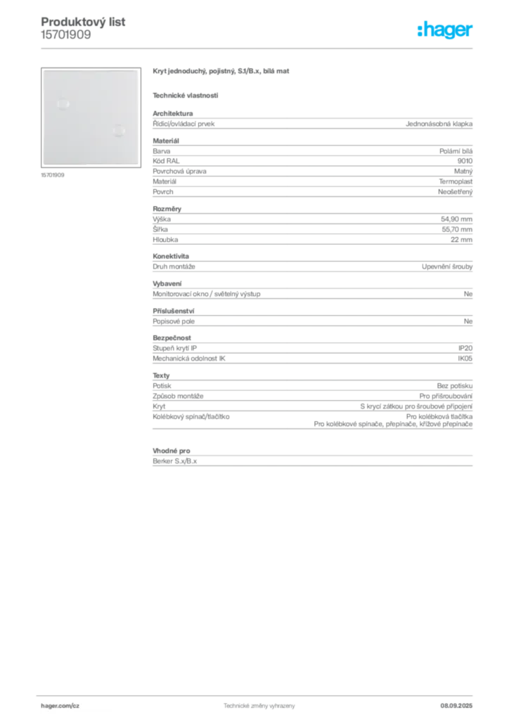 Obrázek Hager Produktový list 15701909 | Hager