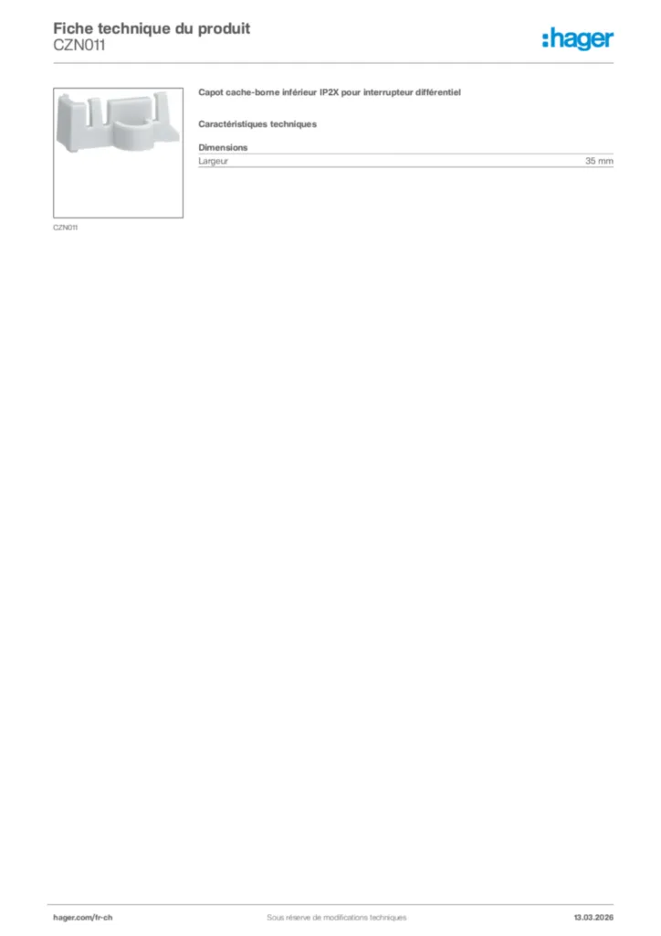 Image Hager Fiche technique du produit CZN011 | Hager Suisse