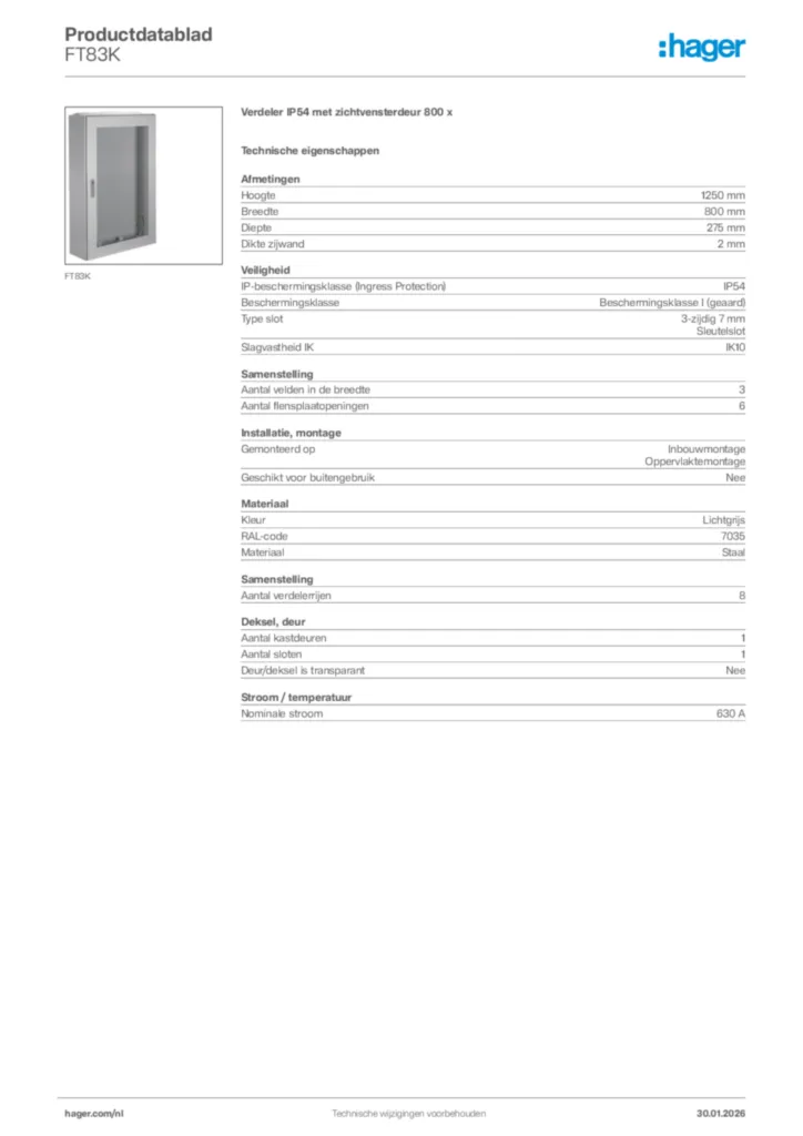 Afbeelding Hager Productdatablad FT83K | Hager Nederland