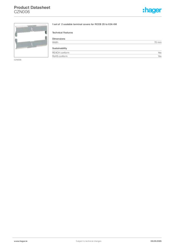 Image Hager Product data sheet CZN006  | Hager