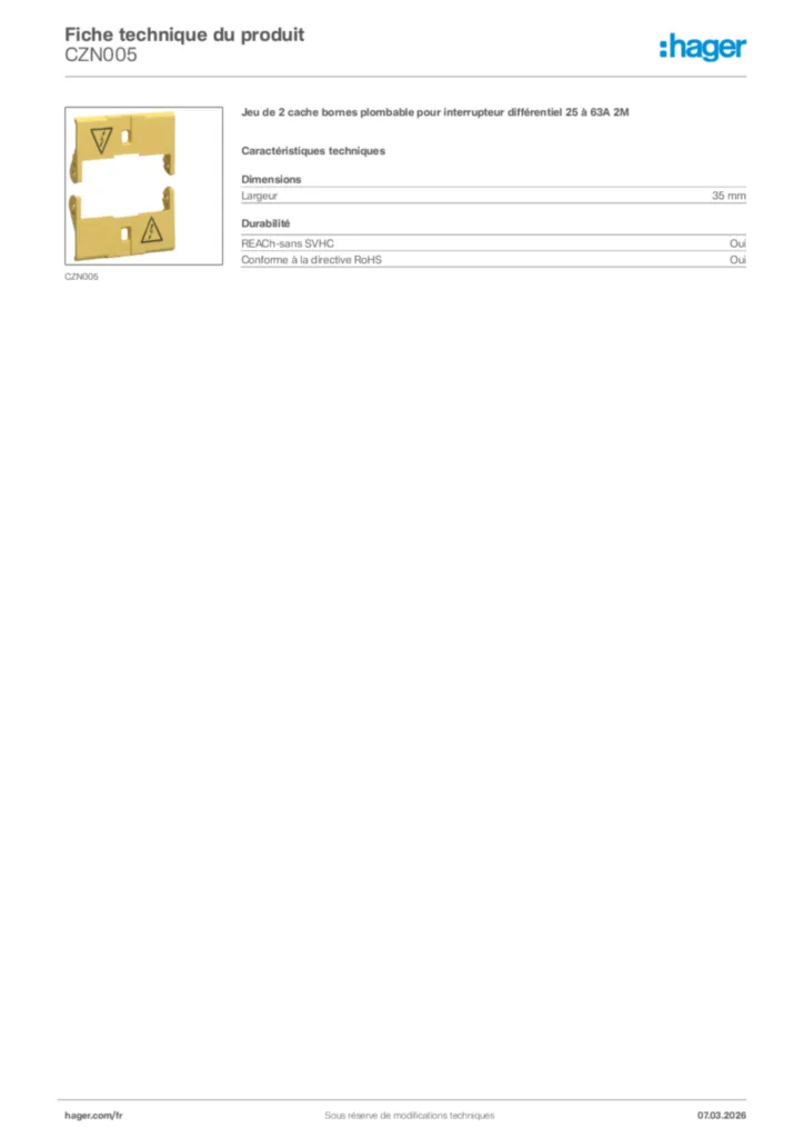 Image Hager Fiche technique du produit CZN005 | Hager France