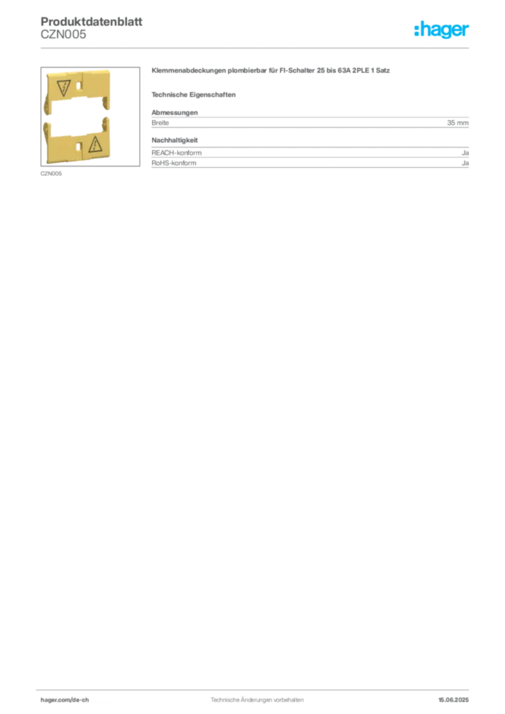 Bild Hager Produktdatenblatt CZN005 | Hager Schweiz