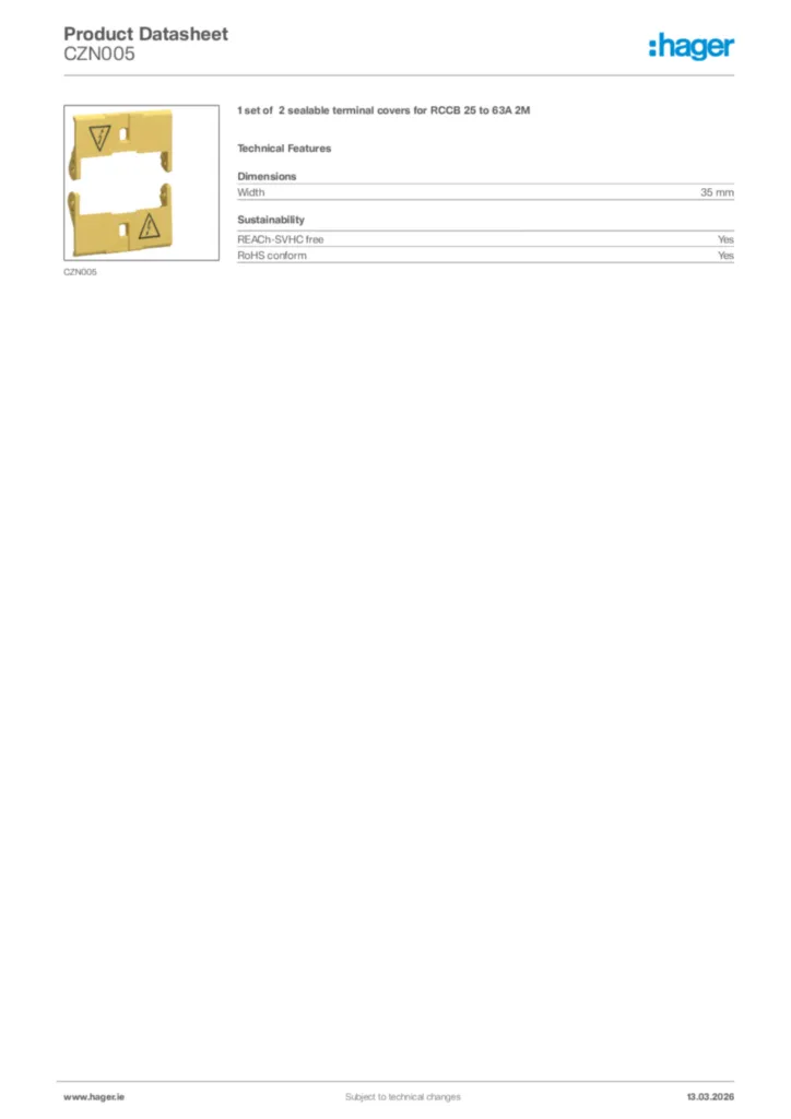 Image Hager Product data sheet CZN005  | Hager