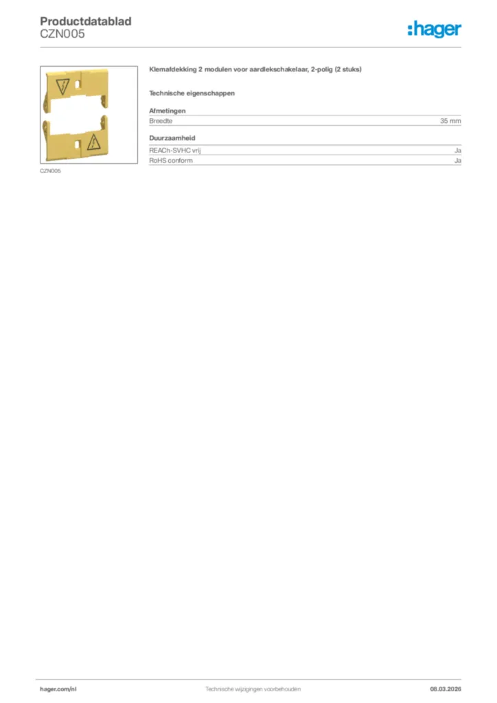 Afbeelding Hager Productdatablad CZN005 | Hager Nederland