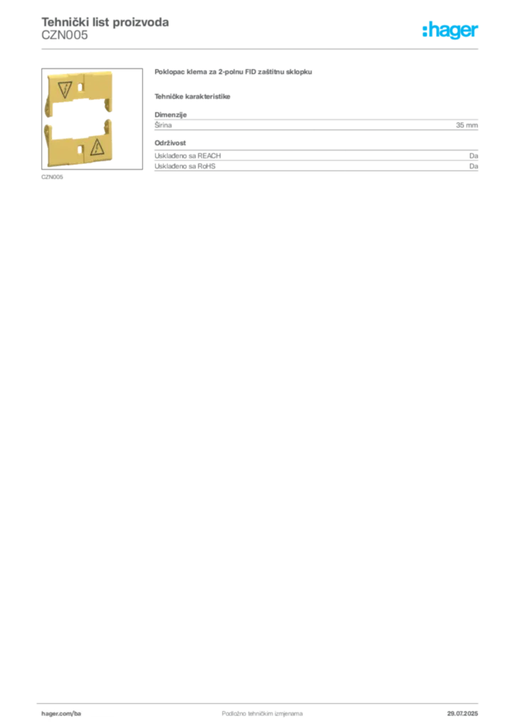 Slika Hager Product data sheet CZN005  | Hager