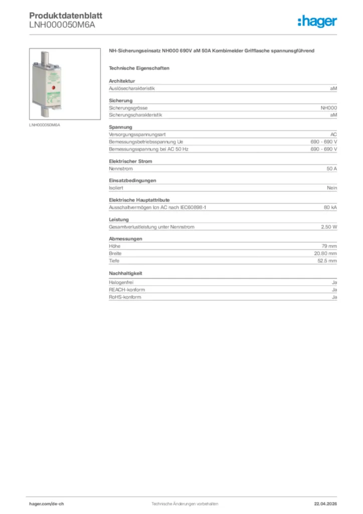 Bild Hager Produktdatenblatt LNH000050M6A | Hager Schweiz