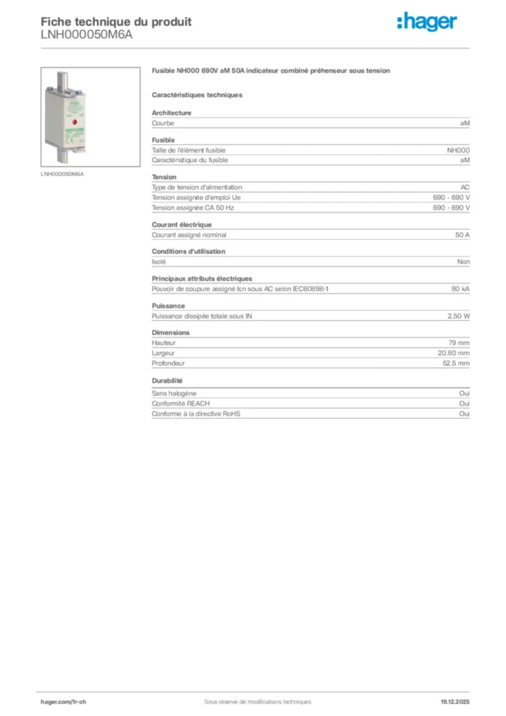 Image Hager Fiche technique du produit LNH000050M6A | Hager Suisse