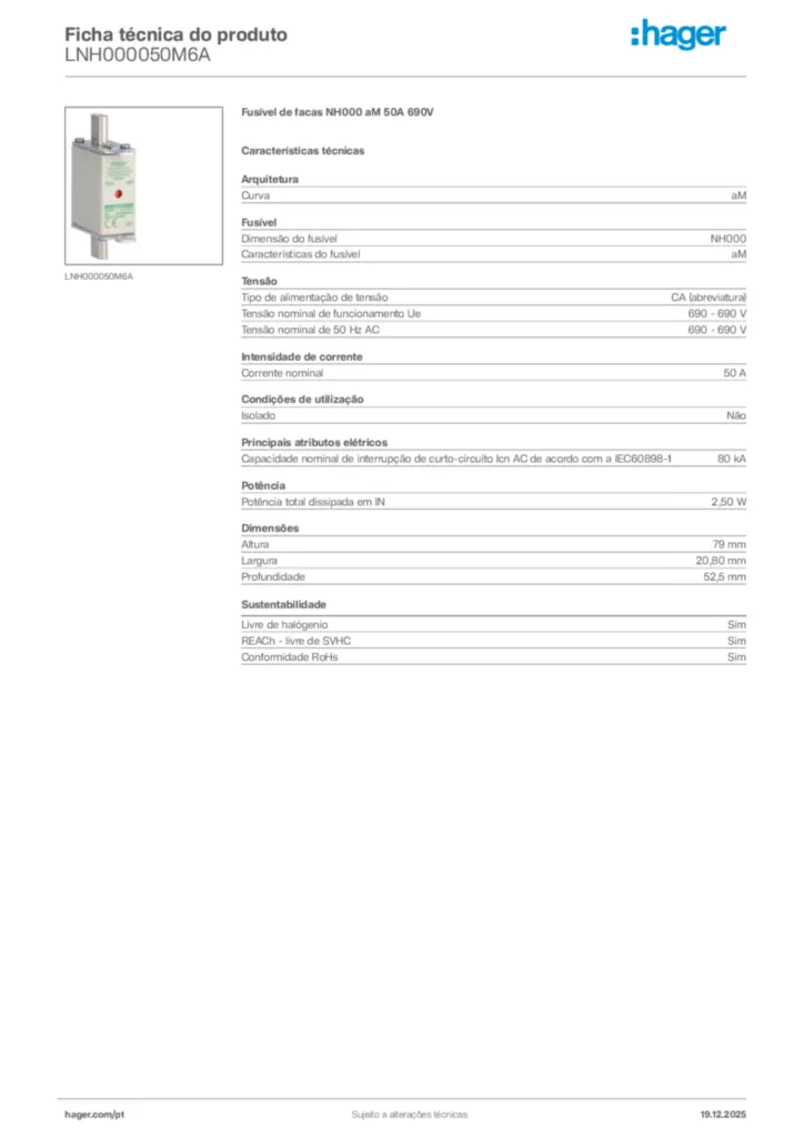 Imagem Hager Ficha técnica do produto LNH000050M6A | Hager Portugal
