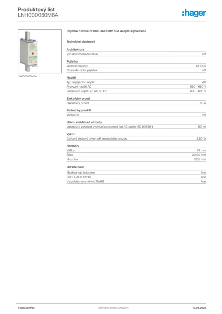 Obrázek Hager Product data sheet LNH000050M6A | Hager