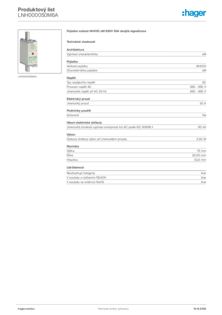 Obrázek Hager Produktový list LNH000050M6A | Hager