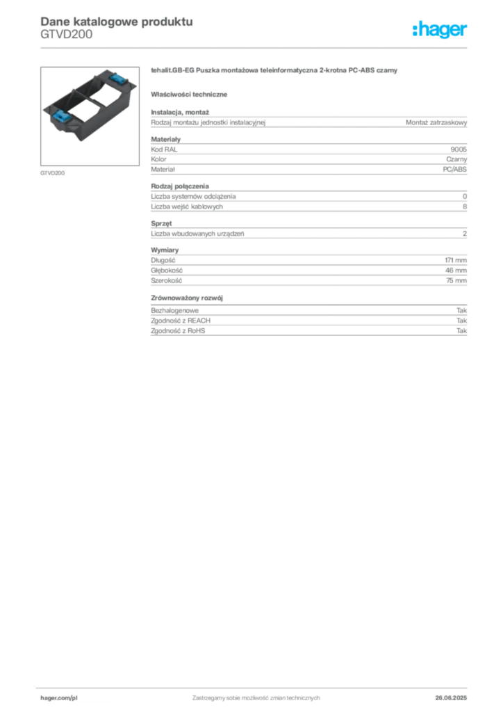 Zdjęcie Hager Karta katalogowa GTVD200 | Hager Polska