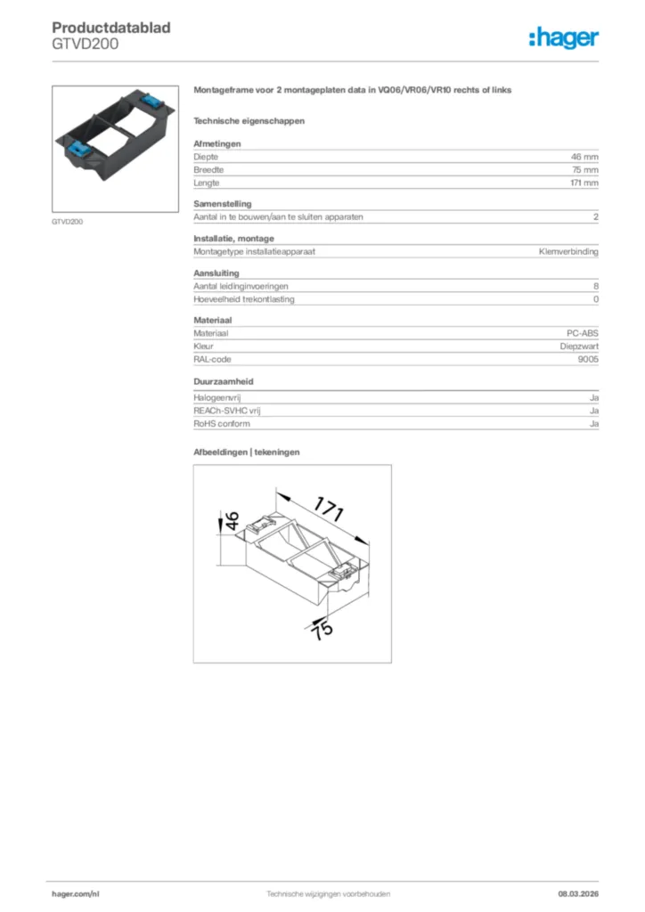Afbeelding Hager Productdatablad GTVD200 | Hager Nederland