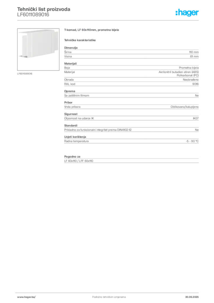 Slika Hager Product data sheet LF6011089016  | Hager