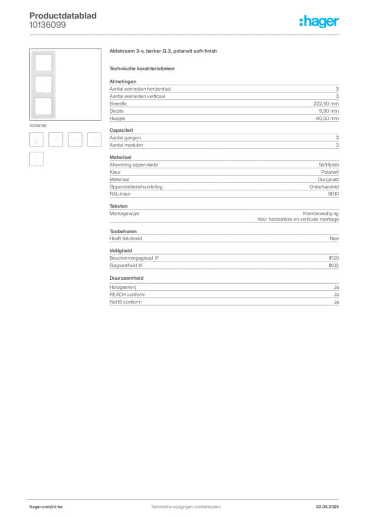 Afbeelding Hager Productdatablad 10136099 | Hager Belgium