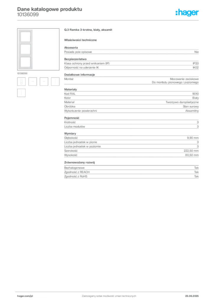 Zdjęcie Hager Karta katalogowa 10136099 | Hager Polska