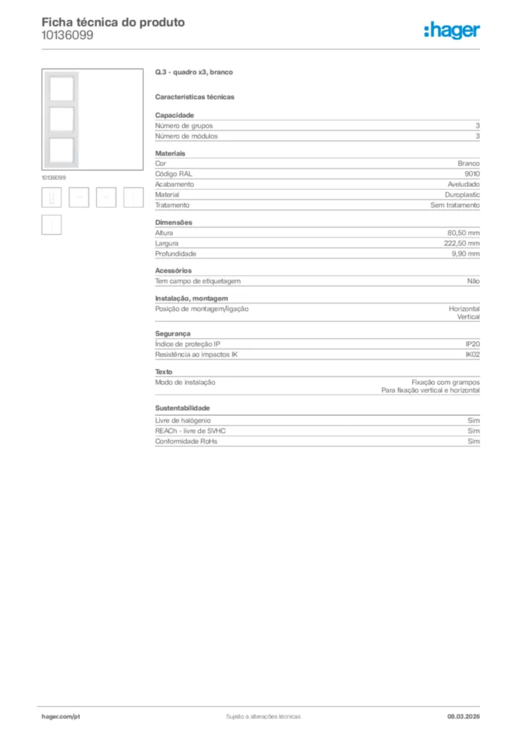 Imagem Hager Ficha técnica do produto 10136099 | Hager Portugal
