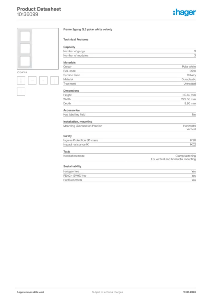 Image Hager Product data sheet 10136099  | Hager