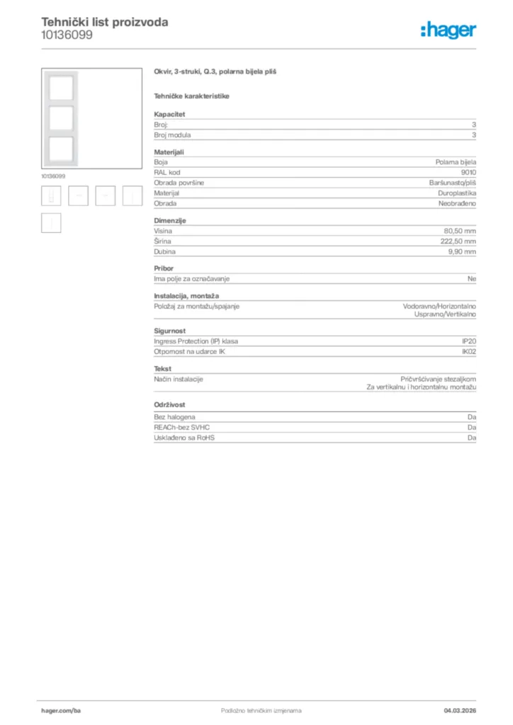 Slika Hager Tehnički list proizvoda 10136099  | Hager