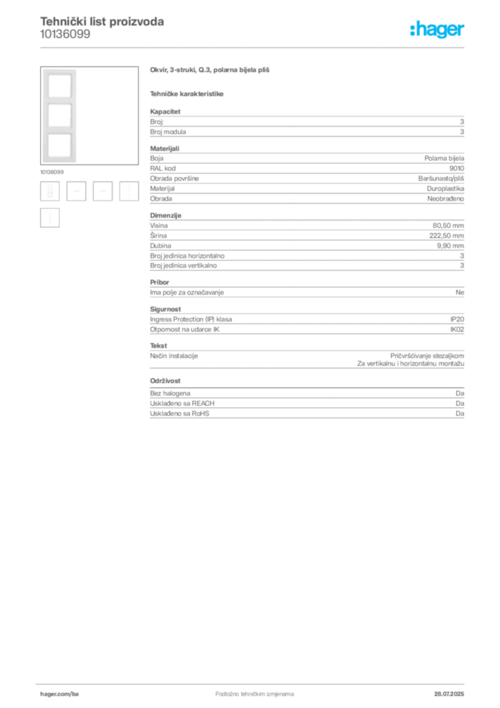 Slika Hager Product data sheet 10136099  | Hager