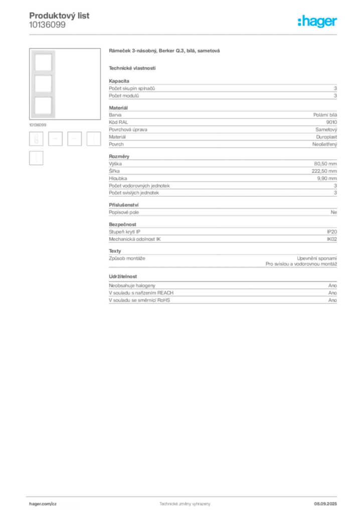 Obrázek Hager Produktový list 10136099 | Hager