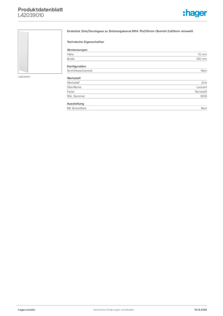 Bild Hager Produktdatenblatt L42039010 | Hager Deutschland