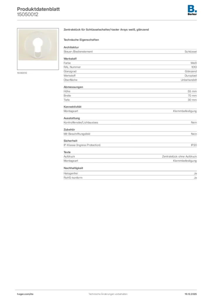 Bild Berker Produktdatenblatt 15050012 | Hager Deutschland