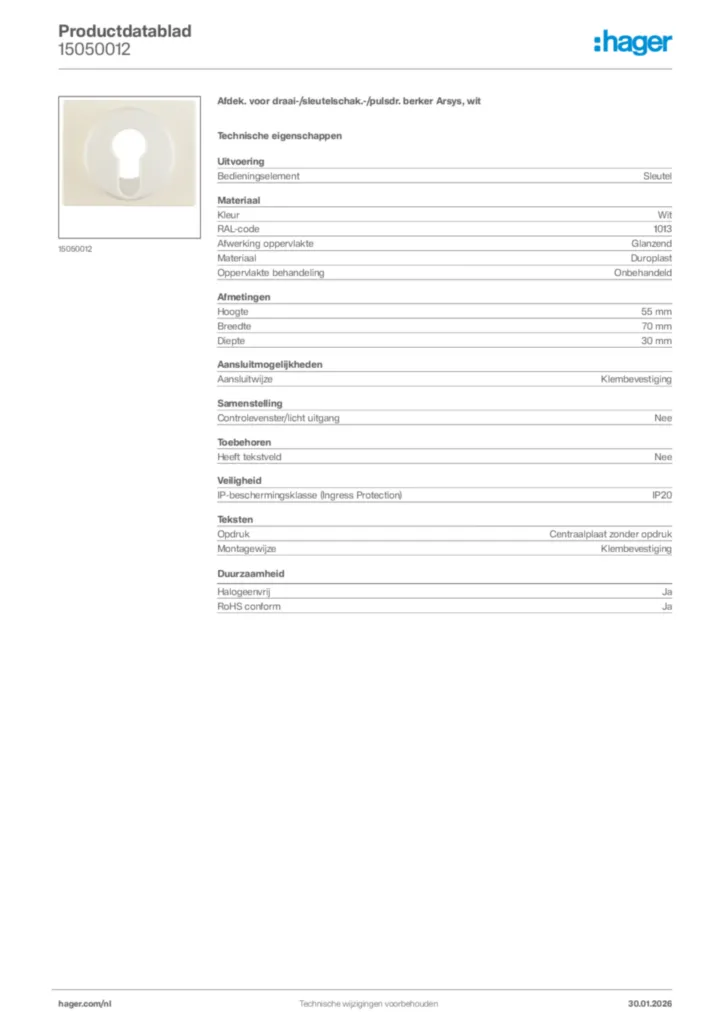 Afbeelding Hager Productdatablad 15050012 | Hager Nederland