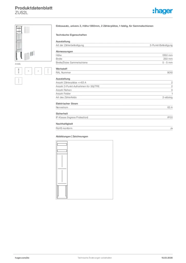 Bild Hager Produktdatenblatt ZU52L | Hager Deutschland