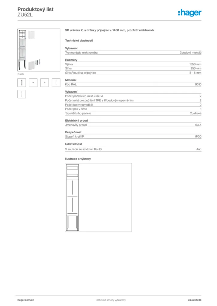 Obrázek Hager Product data sheet ZU52L | Hager