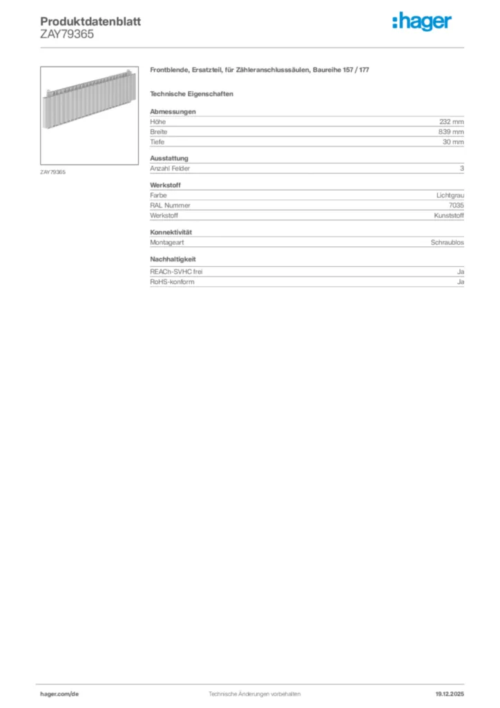 Bild Hager Produktdatenblatt ZAY79365 | Hager Deutschland