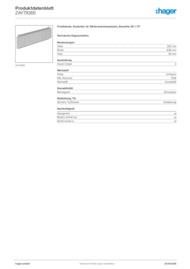 Bild Hager Produktdatenblatt ZAY79365 | Hager Deutschland