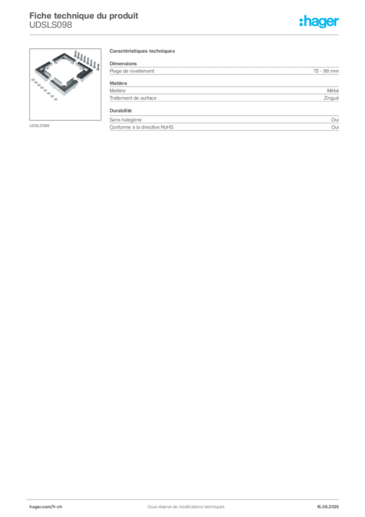 Image Hager Fiche technique du produit UDSLS098 | Hager Suisse