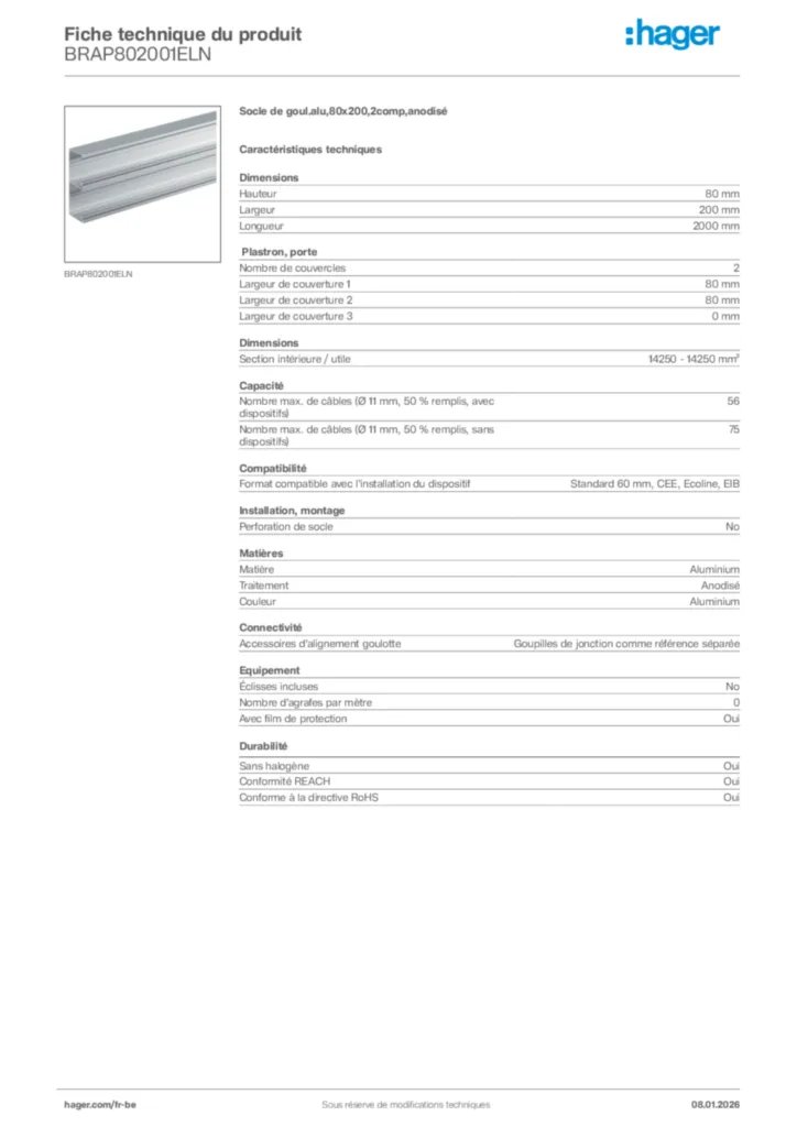 Image Hager Fiche technique du produit BRAP802001ELN | Hager Belgique