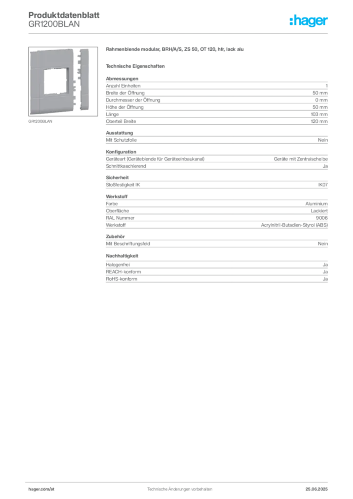 Bild Hager Produktdatenblatt GR1200BLAN | Hager Deutschland