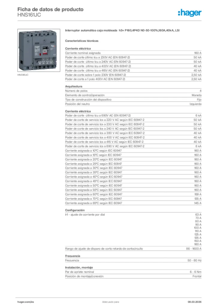 Imagen Hager Ficha de datos de producto HNS161JC | Hager España