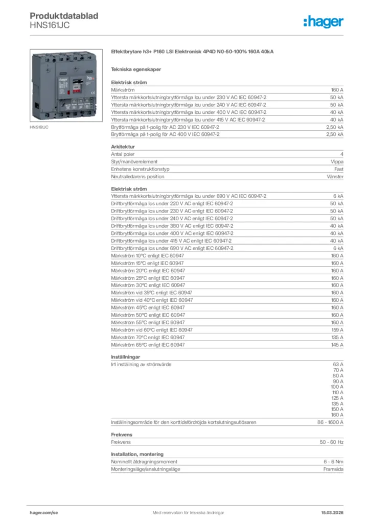 Bild Hager Produktdatablad HNS161JC | Hager Sverige