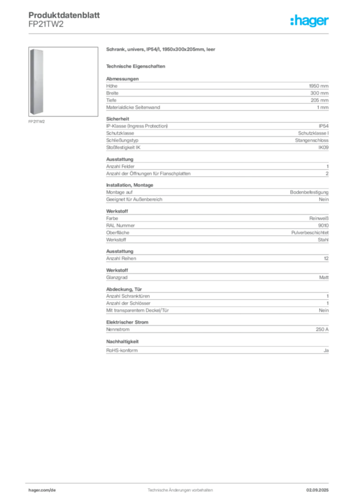 Bild Hager Produktdatenblatt FP21TW2 | Hager Deutschland