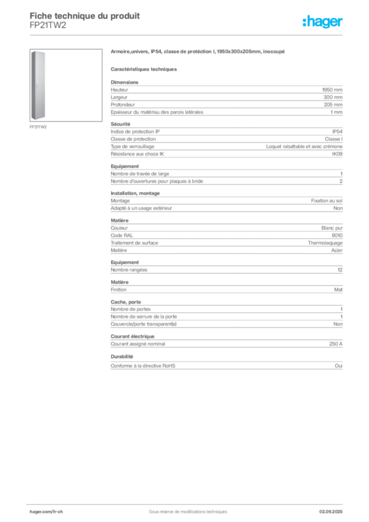 Image Hager Fiche technique du produit FP21TW2 | Hager Suisse