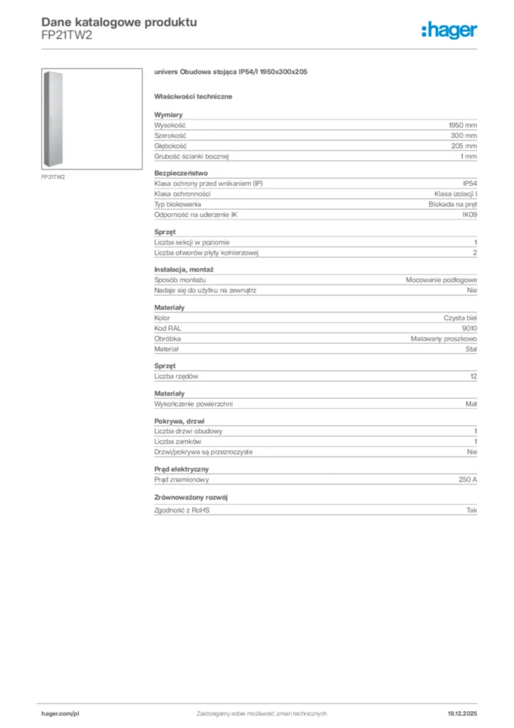 Zdjęcie Hager Karta katalogowa FP21TW2 | Hager Polska