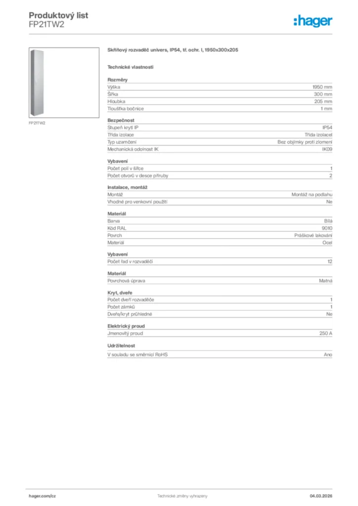Obrázek Hager Product data sheet FP21TW2 | Hager