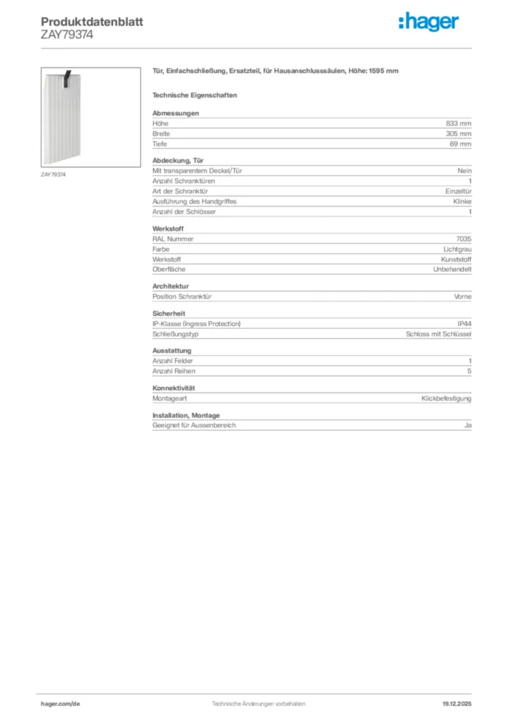 Bild Hager Produktdatenblatt ZAY79374 | Hager Deutschland