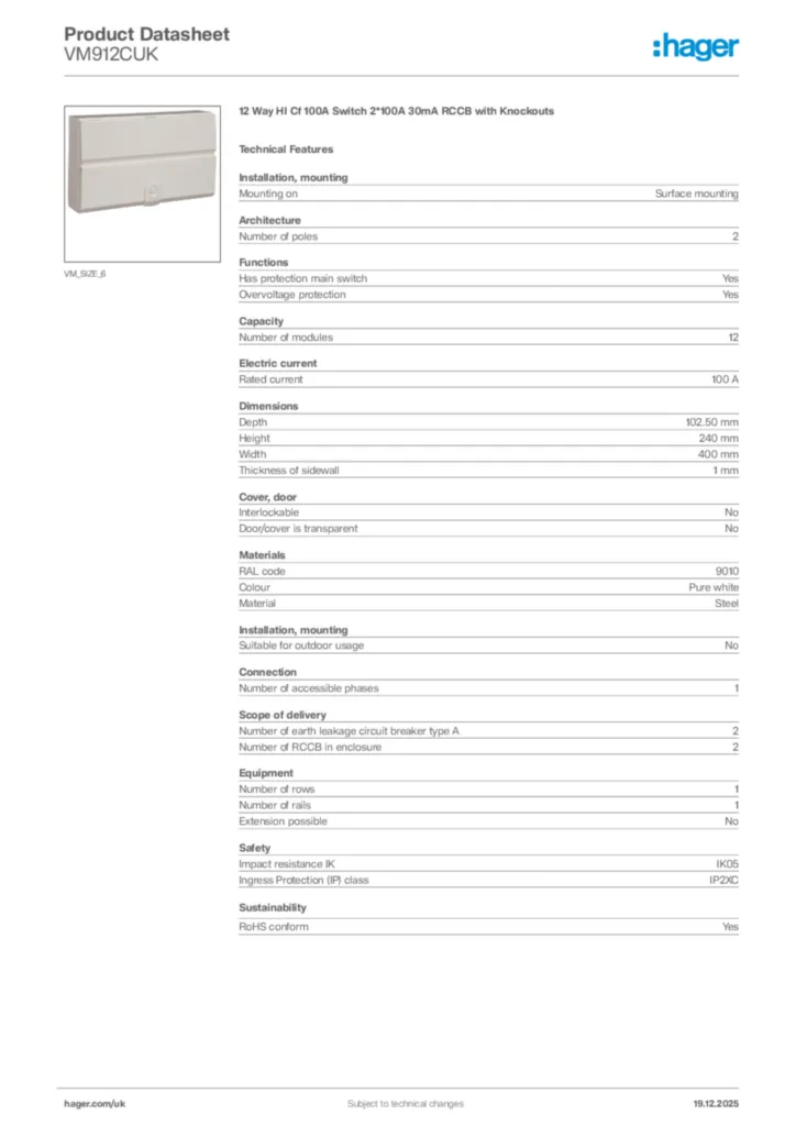 Image Hager Product data sheet VM912CUK  | Hager